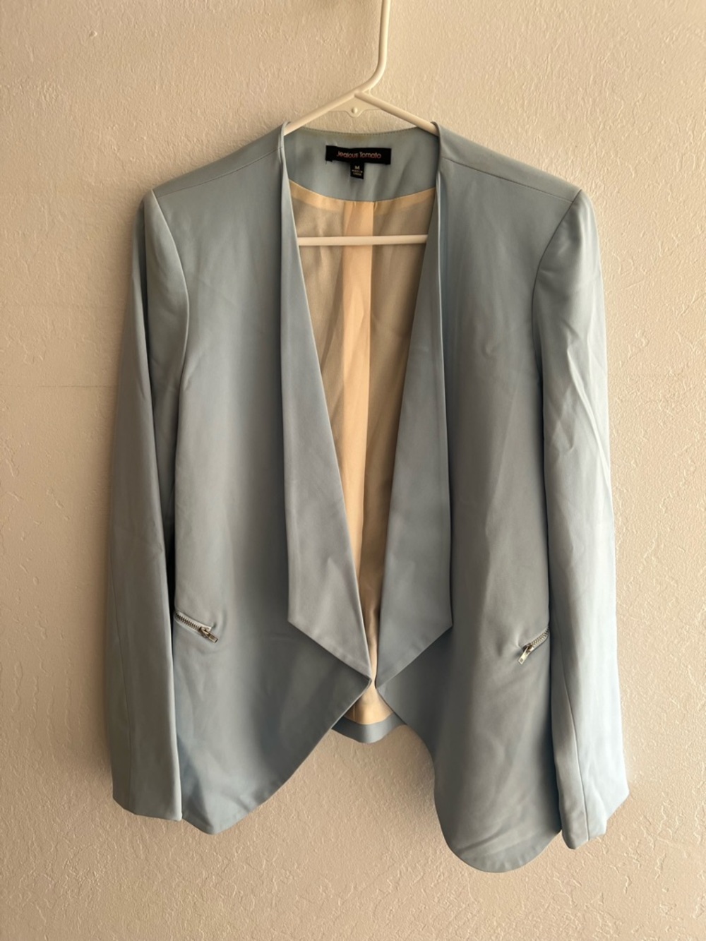 Pale Blue Draped Open-Front Blazer with Faux Silver Zipper